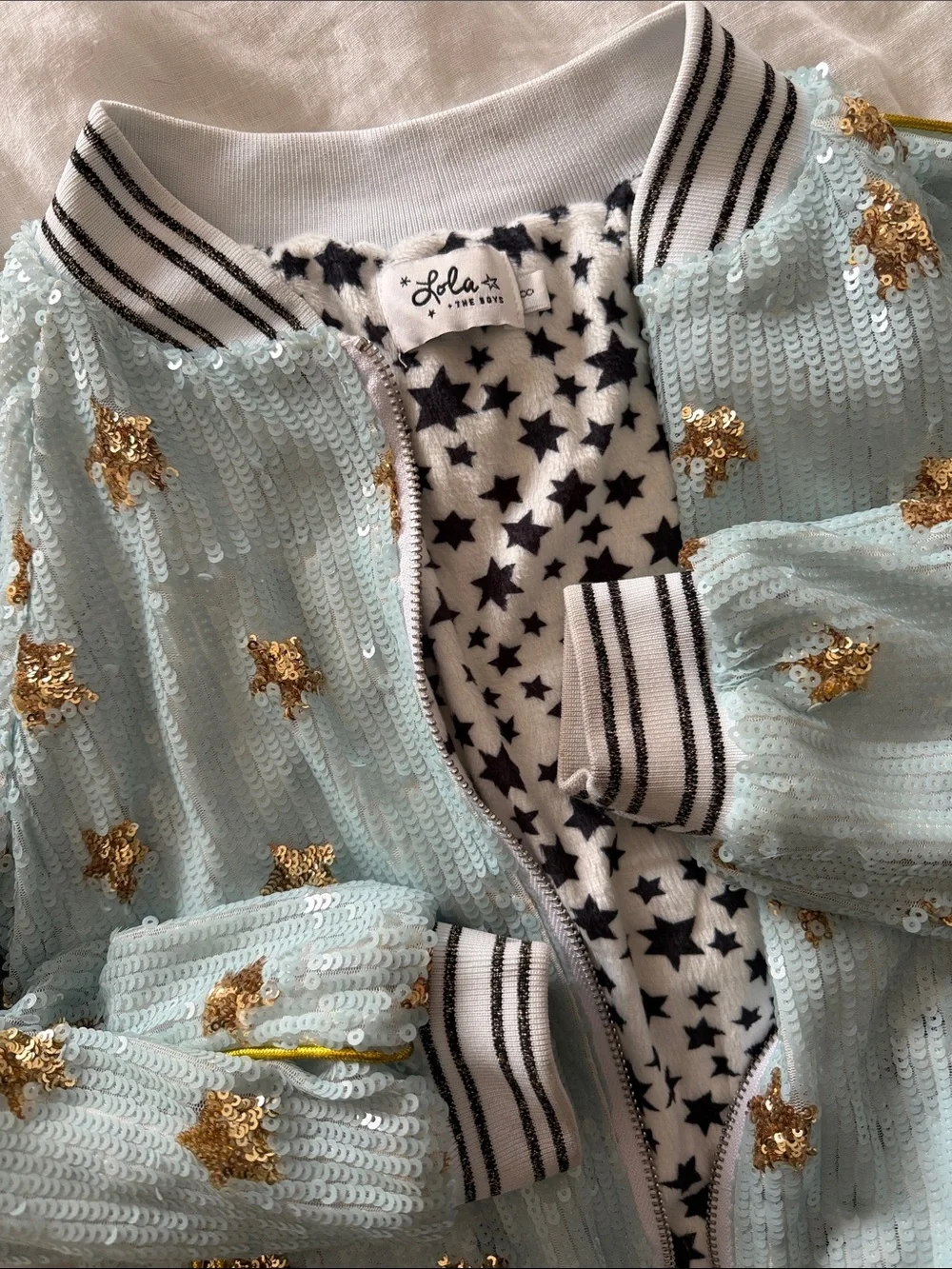 Lola & the boys Light Aqua Sequin Star Bomber Jacket with Gold Stars 8